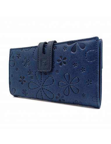 Monedero Billetera de Piel para Mujer Tamaño Grande, FLORES azul