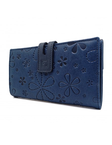 Monedero Billetera de Piel para Mujer Tamaño Grande, FLORES azul