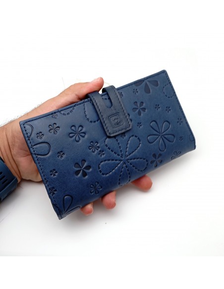 Monedero Billetera de Piel para Mujer Tamaño Grande, FLORES azul