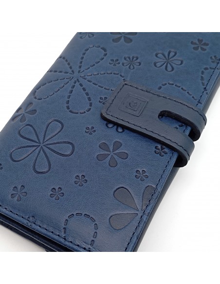 Monedero Billetera de Piel para Mujer Tamaño Grande, FLORES azul