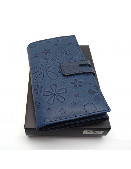 Monedero Billetera de Piel para Mujer Tamaño Grande, FLORES azul