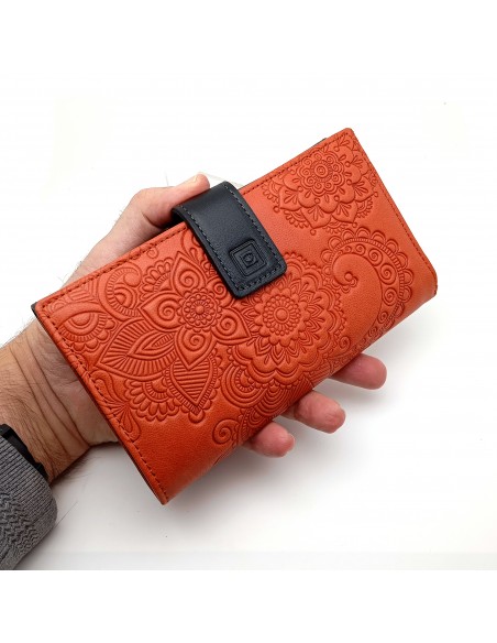 Monedero Billetera de Piel para Mujer Tamaño Grande, CACHEMIR naranja de frente