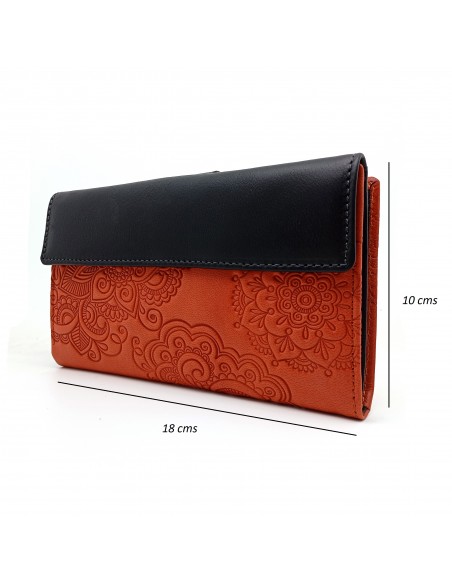 Monedero Billetera de Piel para Mujer Tamaño Grande, CACHEMIR naranja parte trasera