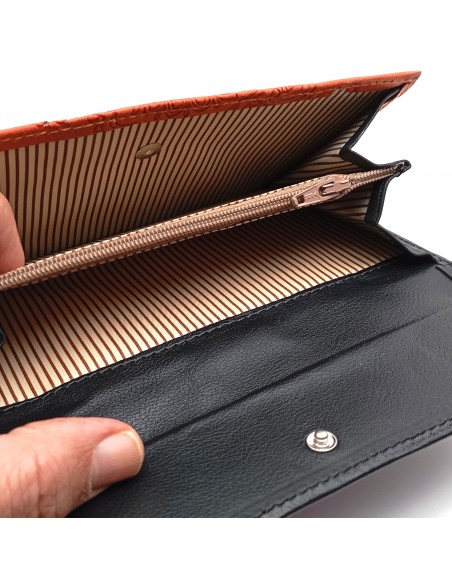Monedero Billetera de Piel para Mujer Tamaño Grande, CACHEMIR naranja compartimentos para monedas