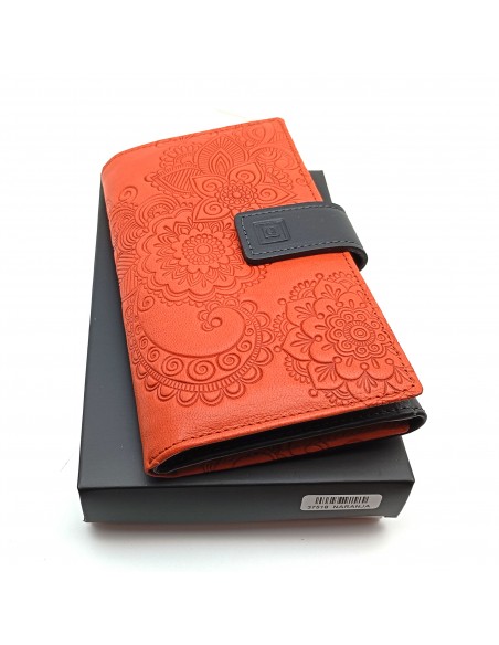 Monedero Billetera de Piel para Mujer Tamaño Grande, CACHEMIR naranja con caja