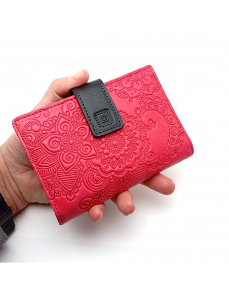 Monedero Billetera en Piel Para Mujer Tamaño Mediano, CACHEMIR fucsia  de frente