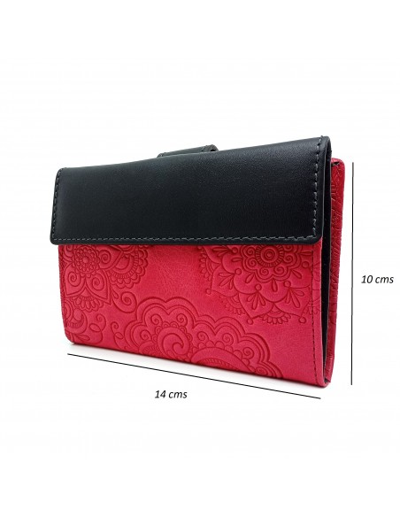 Monedero Billetera en Piel Para Mujer Tamaño Mediano, CACHEMIR fucsia compartimentos parte trasera