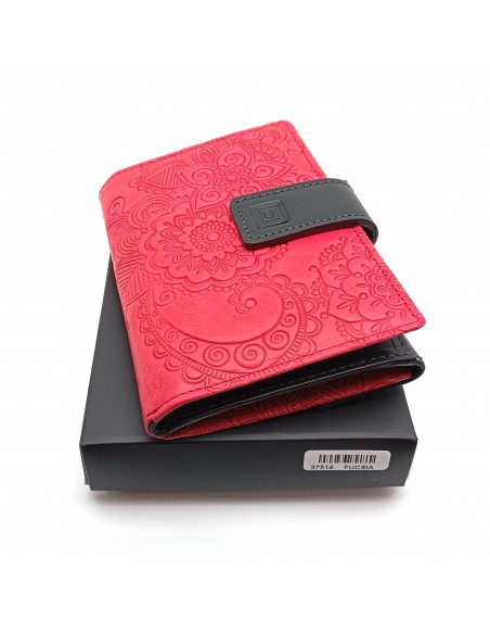 Monedero Billetera en Piel Para Mujer Tamaño Mediano, CACHEMIR fucsia