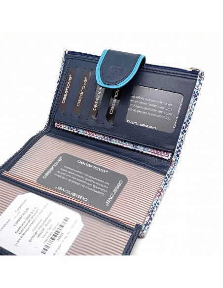 Monedero billetero de piel para mujer grande JADORE azul compartimientos internos.