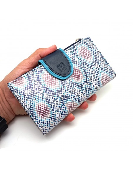 Monedero billetero de piel para mujer grande JADORE azul parte externa.