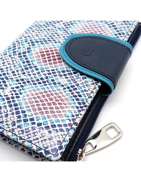 Monedero billetero de piel para mujer grande JADORE azul estampado