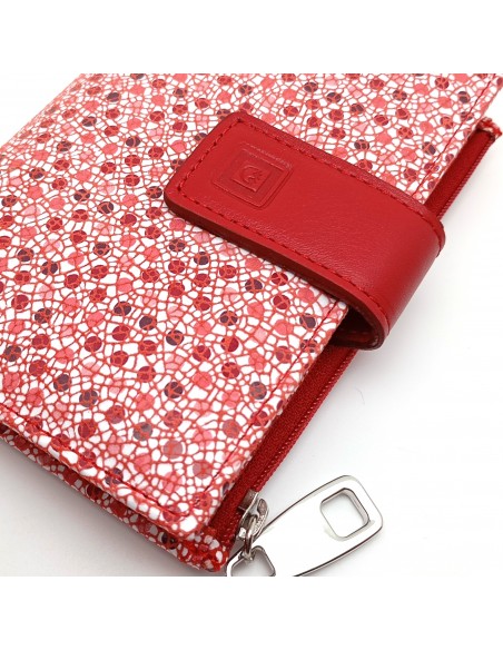 Monedero Billetera en Piel Para Mujer con cremallera,  Tamaño Mediano, MELISA rojo estampado y solapa