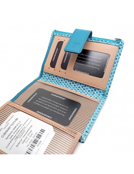 Monedero Billetera en Piel Para Mujer con cremallera,  Tamaño Mediano, MELISA azul compartimiento para billetes