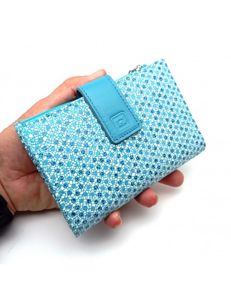 Monedero Billetera en Piel Para Mujer con cremallera,  Tamaño Mediano, MELISA azul parte externa