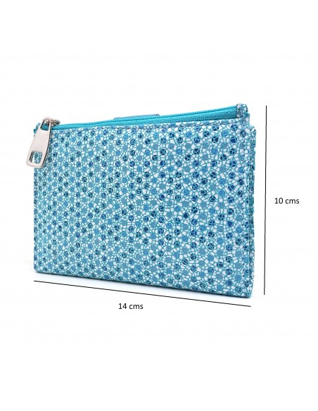 Monedero Billetera en Piel Para Mujer con cremallera,  Tamaño Mediano, MELISA azul medidas