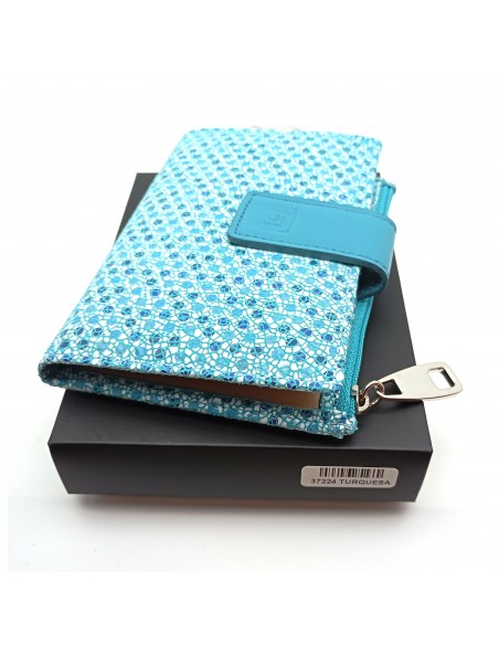 Monedero Billetera en Piel Para Mujer con cremallera,  Tamaño Mediano, MELISA azul con caja