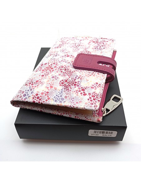 Monedero Billetera en Piel Para Mujer con cremallera,  Tamaño Mediano, PEZRAYA malva con caja