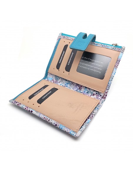 Monedero Billetera en Piel Para Mujer con cremallera,  Tamaño Mediano, PEZRAYA celeste parte interna