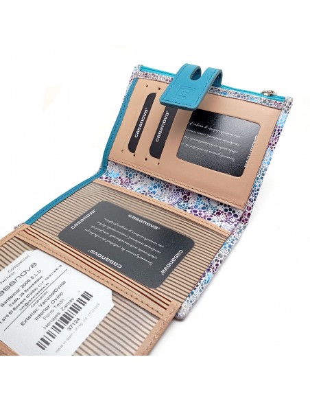 Monedero Billetera en Piel Para Mujer con cremallera,  Tamaño Mediano, PEZRAYA celeste compartimiento tarjetas