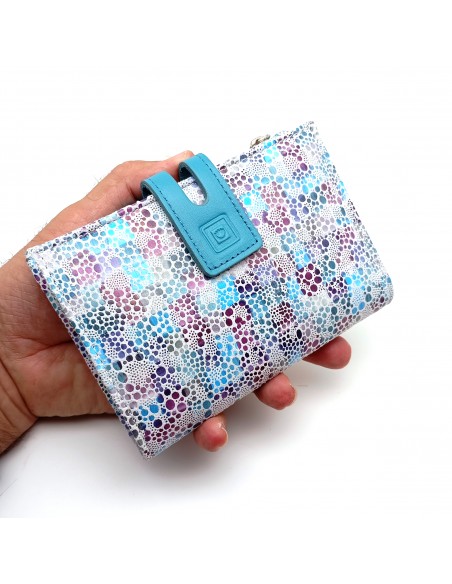 Monedero Billetera en Piel Para Mujer con cremallera,  Tamaño Mediano, PEZRAYA celeste parte externa