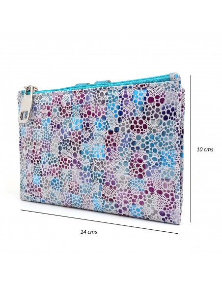 Monedero Billetera en Piel Para Mujer con cremallera,  Tamaño Mediano, PEZRAYA celeste medidas