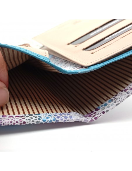 Monedero Billetera en Piel Para Mujer con cremallera,  Tamaño Mediano, PEZRAYA celeste compartimiento billetes