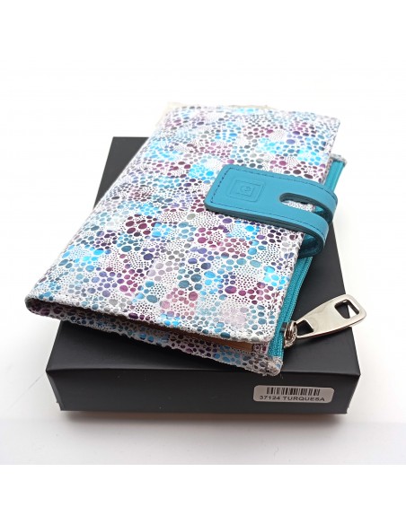 Monedero Billetera en Piel Para Mujer con cremallera,  Tamaño Mediano, PEZRAYA celeste con caja