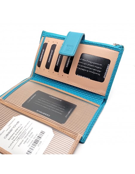 Monedero billetero de piel para mujer grande NEXUS turquesa compartimientos internos.