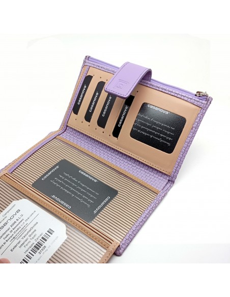 Monedero billetero de piel para mujer grande NEXUS lila compartimientos internos.