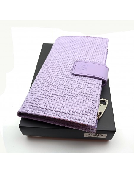 Monedero billetero de piel para mujer grande NEXUS lila con caja.