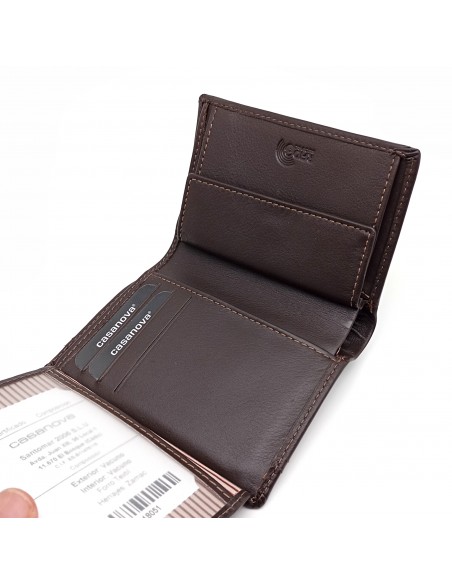 Cartera con monedero de piel para hombre COSTURA marron parte interna compartimentos