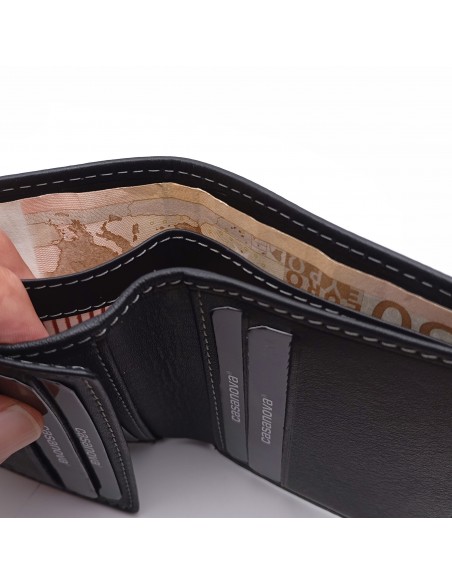 Mini/Cartera tarjetero de piel para hombre COSTURA negro compartimiento para billetes