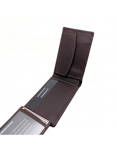 Mini/Cartera americana con monedero piel para hombre COSTURA marrón  compartimiento internos.