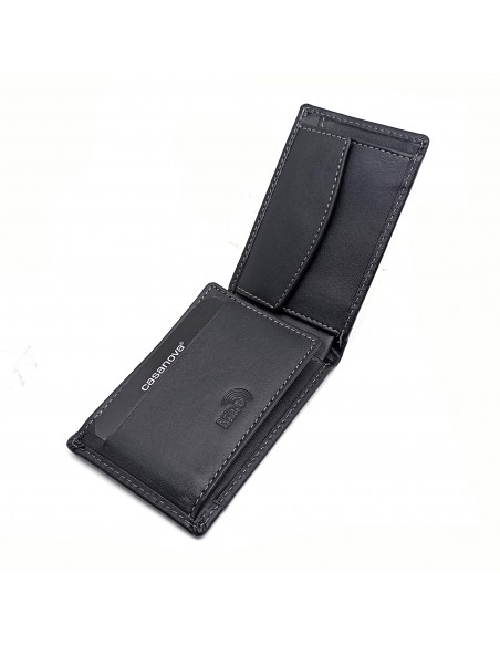Mini/Cartera americana con monedero piel para hombre COSTURA negro parte interna