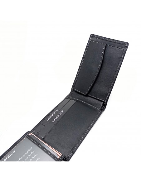 Mini/Cartera americana con monedero piel para hombre COSTURA negro compartimiento interno