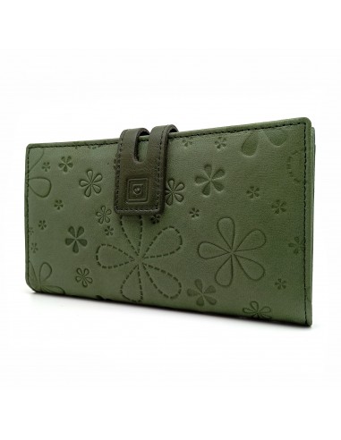 Monedero Billetera de Piel para Mujer Tamaño Grande, FLORES verde
