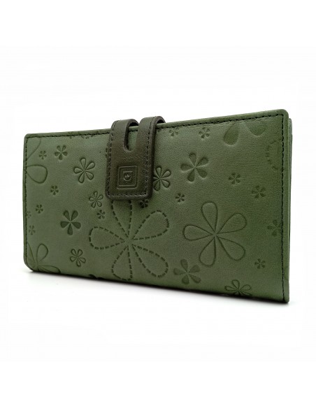 Monedero Billetera de Piel para Mujer Tamaño Grande, FLORES verde