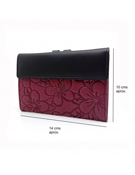 Monedero Billetera en Piel Para Mujer Tamaño Mediano, HORTENSIA mora medidas