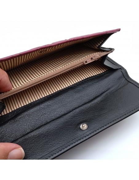 Monedero Billetera en Piel Para Mujer Tamaño Mediano, HORTENSIA mora compartimiento para monedas