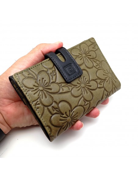 Monedero Billetera en Piel Para Mujer Tamaño Mediano, HORTENSIA verde diseño