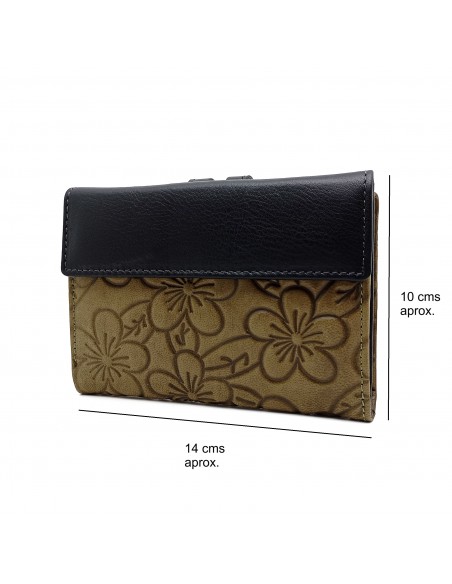 Monedero Billetera en Piel Para Mujer Tamaño Mediano, HORTENSIA verde medidas