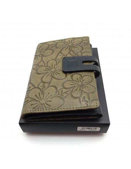 Monedero Billetera en Piel Para Mujer Tamaño Mediano, HORTENSIA verde caja