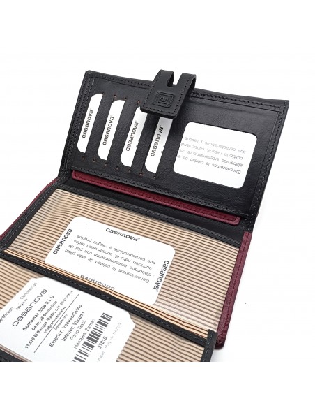 Monedero Billetera de Piel para Mujer Tamaño Grande, HORTENSIA mora compartimiento interno