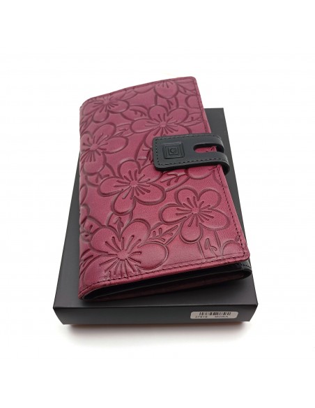 Monedero Billetera de Piel para Mujer Tamaño Grande, HORTENSIA mora con caja