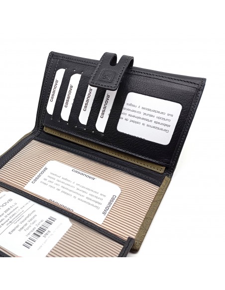 Monedero Billetera de Piel para Mujer Tamaño Grande, HORTENSIA verde compartimiento internos