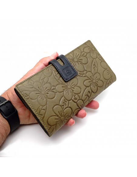 Monedero Billetera de Piel para Mujer Tamaño Grande, HORTENSIA verde diseño