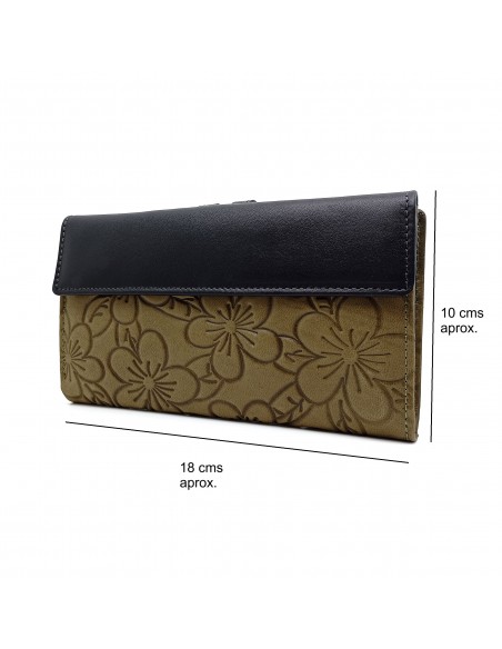 Monedero Billetera de Piel para Mujer Tamaño Grande, HORTENSIA verde medidas