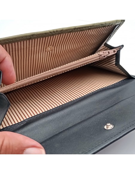 Monedero Billetera de Piel para Mujer Tamaño Grande, HORTENSIA verde compartimiento para monedas