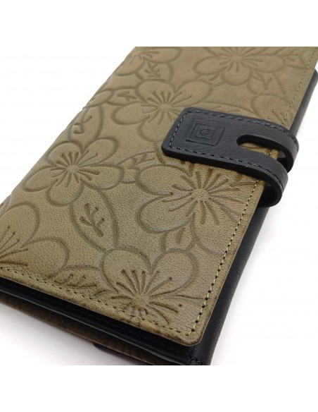 Monedero Billetera de Piel para Mujer Tamaño Grande, HORTENSIA verde diseño