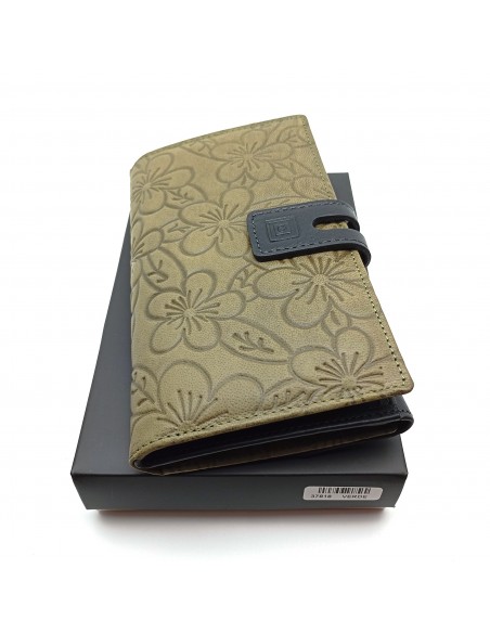 Monedero Billetera de Piel para Mujer Tamaño Grande, HORTENSIA verde con caja